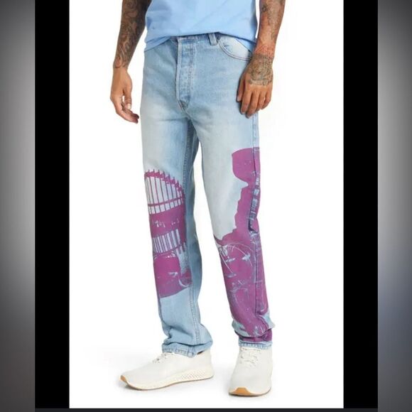 Rokit Hardware Print Jeans Medium Wash with Purple Print Size 32x32 NWT - Picture 1 of 7